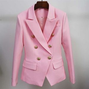 Top Quality Pink Blazer Women Slim Jacket Kvinna Dubbelbröst Metall Lion Knappar S och Jackor Vit 211006