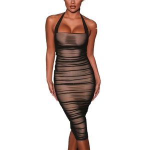 Lady Halter Bez Rękawów Ruched Bodycon Backless Lato Sexy Niski Cut Mesh Zipper Split Koleń Długość Pencil Dress Robe Longue Femme 210604