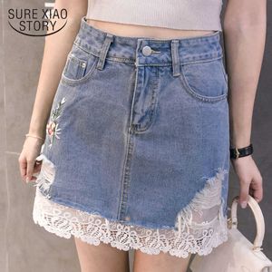 Spring and Summer Lace Stitching Embroidery Women's Skirt A-Line Blue Jeans Half-length Short Skirts Pockets Skirt 2167 50 210528