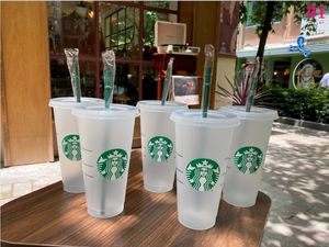 Starbucks Mermaid Goddess 24oz/710ml Bicchieri di plastica Coperchio del bicchiere Riutilizzabile Trasparente Bere Fondo piatto Forma di pilastro Cannuccia Cambia colore Tazze nere flash