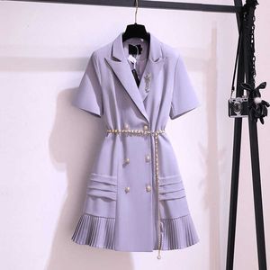 FABPOP PLUS Размер с коротким рукавом двубортные кнопки жемчуга цепь высокая талия тонкий фиолетовый плиссированный пиджак платье женщин GC013 210709