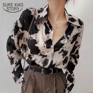 Long Sleeve Blouse Cow Print Button Up Shirts Women Korean Spring Clothes Chiffon Streetwear Plus Size Tops Blusas13486 210528