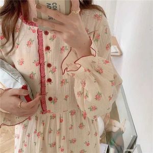 Qweek algodão sleekwear mulheres vestido de fadas nightie coreano cópia floral nightgrown noite nightwear longo vestido 210924