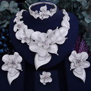Çiçek Mücevher Gelin toptan satış-Küpe Kolye Godki Süper Büyük Lüks Gül Çiçek Kadın Düğün Naija Gelin Kübik Zirkonya Dubai adet Takı Seti Mücevherat Bağımlılığı