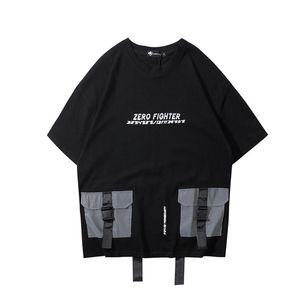 テックウェアリフレクティブバックルマルチポケットリボンTシャツメンヒップホップトップスティーストリートウェアハラジュク半袖パッチTシャツ210716