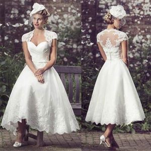 Abitino bianco da spiaggia corto Abiti da sposa 2022 Manica ad aletta Lunghezza tè Sweetheart Lace Robe De Mari￩e Boho Abiti da sposa