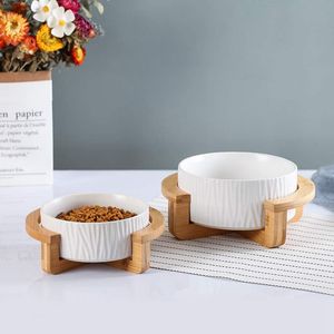 6 inch Ceramic Cat Bowl with Wood Stand No Spill Pet Food Water Feeder Cats Small Dogs 400ml White300B