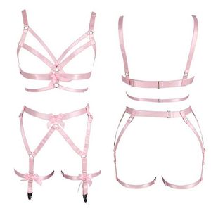 Mulheres Pink Bow Full Body Harness Bra Elastic Plus Size Cuplos Sutiã Oco para fora Estrappy Garter Belt Gothic Sexy Lingerie Set S0825