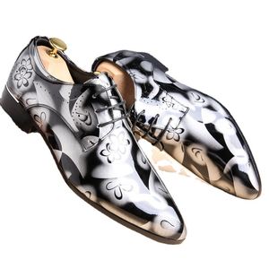 Classic Dress Mens Leather British Shoes Printing Navy Bule Black Brow Oxfords Flat Office Party Wedding Round Toe Fashion Outdoor GAI