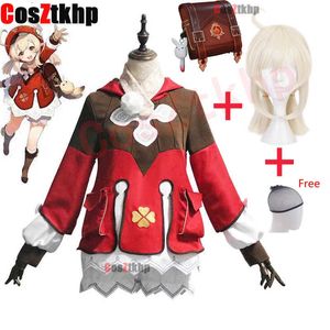 2021 게임 Genshin Impact Klee Cosplay 의상 가발 가발 신발 로리 파티 의상 유니폼 여성 할로윈 카니발 의상 가발 가방 가방 Y0903