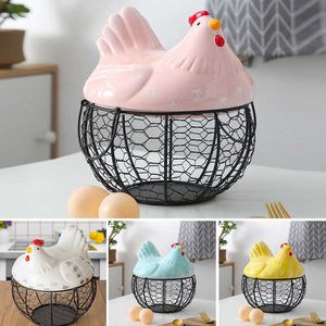 ly Metal Wire Basket with Ceramic Hens Cover Fruit Egg Holder Decorative Kitchen Storage s for Household Items e 210609