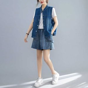 Kamizelki Kobiety High Street Summer Chic All-Match Ladies Denim Outwear Cargo Stylowy Proste Podstawowe Kieszonkowe Rękawów Damskie Kurtki 210527