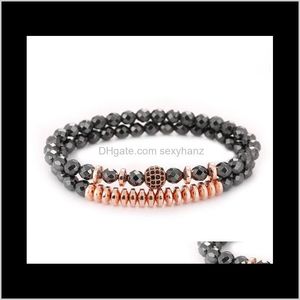 Beaded, Strands Smycken2PC / Set Par 8mm CZ Ball Charms Armband För Kvinnor Hematit Pärlor Armband Män Smycken Pseras Slipning 2021