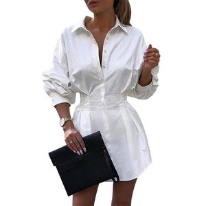 Casual Kleider Elegante Büro Dame Mini Kleid Für Frauen Langarm Laterne Hemd Taste Frühling Herbst Weibliche Fahion D30