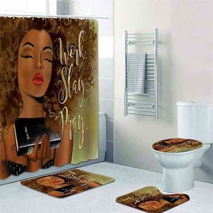 African American Shower Curtain Set Black Girl Work Slay Bed Bathroom Bath Mat Rug Matta Toalett Inspiration Heminredning 210915
