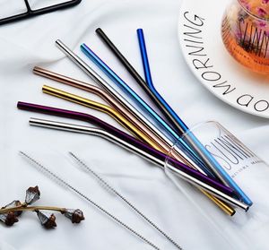 6*215mm 304 Stainless Steel Straw Bent And Straight Reusable Colorful Straw Drinking Straws Metal Straw Cleaner Brush Bar Drinking Tool DH9480