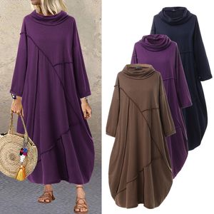 Plus Size Women Patchwork Sundress Zanzea 2021 hoodies vintage vestido casual manga longa maxi vestidos feminino turtleneck robe x0521