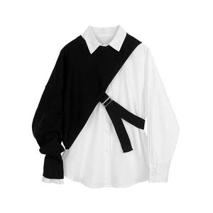 Casual Moda terno mulheres outono xale de malha + camisa branca 2 piece set 210615