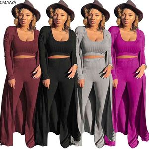 CM.YAYA Active Wear Women's Set Long Sleeve Long Cloak Tank Top Straight Pants Suit Tracksuit Three Piece Set Fitness Outfit 210709