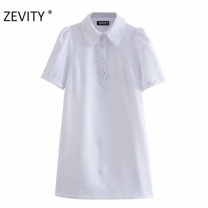 Zevity女性のファッションの折り返しカラーパールボタンシャツのドレスオフィスの女性パフスリーブvestidoシックなビジネスドレスDS4405 210603