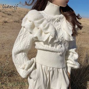 Ruffled Floral White Knitted sweter Kobiety Moda Vintage Turtleck Latarnia Rękaw Kobiecy Eleganckie Pulowers Chic Retro Knentwea 211215