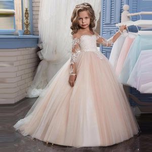 Mädchenkleider Spitzenhochzeitskleid für Kinder Langarm Tüll Ballkleid Blumenmädchen Weiße Prinzessin Kleine Braut mit Hofschleppe