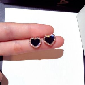 Choucong prosta moda biżuteria Sterling Silver Heart Cut Black Sapphire CZ Diamentowe Gemstones Party Women Wedding Stud Earring Dla Kochania Prezent