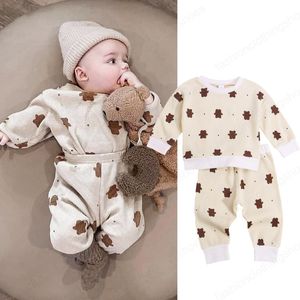 2Pcs Newborn Baby Color Block Outfits Cute Cartoon Bear Print Long Sleeve Round Neck Pullover Tops+Trousers Clothes Set