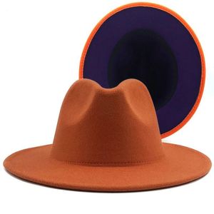 2021 Dış Turuncu İç Mor Yün Keçe Caz Fedora Şapkalar Erkekler Kadınlar Geniş Brim Panama Trilby Cap 56-58 cm