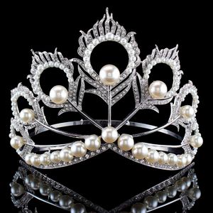 Nuovo arrivo Big Size 2017 Miss Universo Stessa corona Full Round regolabile Silver Pearl Peakcock Feather Tiara Pageant 210203