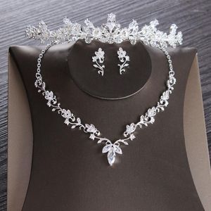 Ohrringe Halskette Kubikzircon Luxus Blatt Blatt Brautschmuck Set Hochzeit Rhinestone Diadem Tiaras Crown Choker