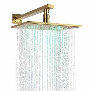 ブラシ付きゴールドバスルームシャワーヘッド28x18cm LED 3色の温度変更壁マウントシャワーの降雨