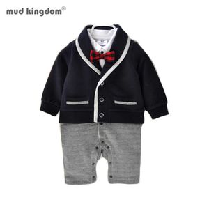 Mudkingdom baby pojke kläder gentleman kostym romper jumpsuit overalls spädbarn outfit med slips kostym 210615