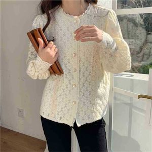 Kvinnor Chic Kvinna O-Neck Sweet Aprikos Lace Elegance Blouse All Match Office Lady Gentle Tops Shirts 210525