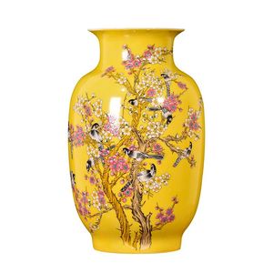 Vasi Porcellana di Jingdezhen Antico vaso cinese smaltato giallo con motivo gazza su pruno grande