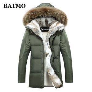 バットモ到着冬のウサギの毛皮の襟80％ホワイトアヒルダウンフード付きジャケット男性、プラスサイズS-5XL 211110