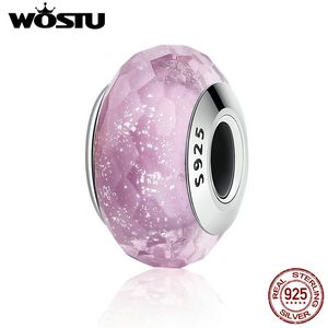 Gerçek 925 Ayar Gümüş Büyüleyici Pembe Murano Cam Boncuk Fit Orijinal WST Bilezik DIY Takı Hediye Q0531