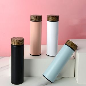 Outdoor Thermos Water Tumblers Bottle 304 Stainless Steel Milk&Tea Cup With Portable Rope Wood Grain Lid Vacuum Flask