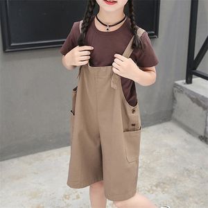 T-shirt de estilo japonês e coreano + macacão curto 2 pcs conjuntos de roupas menina menino crianças roupas meninas 210528