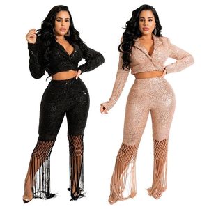 Pantaloni da donna a due pezzi Sexy Sheer Mesh Paillettes Sparkly Women 2pcs Set Turn Down Scollo a V Manica lunga Crop Top e pantaloni con nappa Nightclub Bo