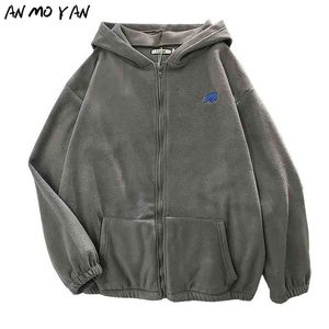 Hoodie das mulheres de inverno tops outono coreano moda animal bordado impressão solta zíper de pelúcia 210803