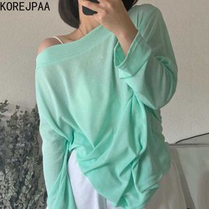 Korejpaa mujeres camisetas verano coreano elegante estilo perezoso color de caramelo collar de una línea sin tirantes sueltos holgadas protección solar top 210526