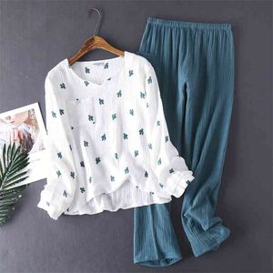 Japanese style spring and autumn ladies cotton crepe cloth long-sleeved trousers pajamas cactus comfortable home service 210830