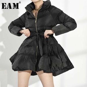 [EAM] czarny zachować ciepłą bawełnę wyściełaną płaszcz z długim rękawem luźne dopasowanie kobiet parki moda jesień zima WC69101 211008