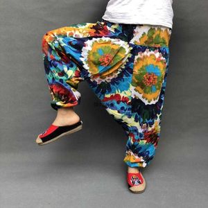 Plus Size Loose Cotton Linen Print Drop Crotch Harem Pants Bloomers Lantern Women Trousers Aladdin Indian Nepal Baggy Pants Q0801