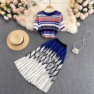 Summer Elegant Ladies Two Piece Dress set Rhombus Print Pleated Skirt Suits High waist Striped Stitching Knitted Tops Outfits