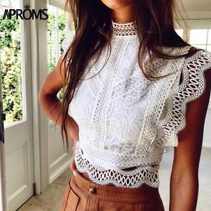 Aproms White Lace Crochet Tank Tops Women Summer Sexy High Neck Hollow out Zipper Crop Top Slim Fit Tees 210607
