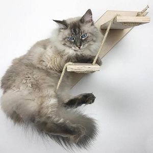 猫おもちゃペット木製クライミングフレーム壁掛けのラダーステップスクラッチボードおもちゃ多層サイザルタイロープ