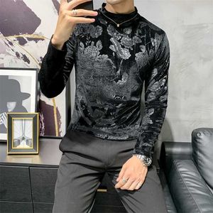 Jesień Welor Mężczyźni Koszulka Pół Turtleneck Z Długim Rękawem Slim Fit T Shirt Streetwear Casual Tees Business Social Men Odzież 210527