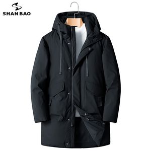 Shan Bao 5XL 6XL 7XL 8XL Mäns Hooded Long Down Jacket Klassisk Märke Kläder Tjock Varm Bekväm Casual Loose 90% Down Coat 211204